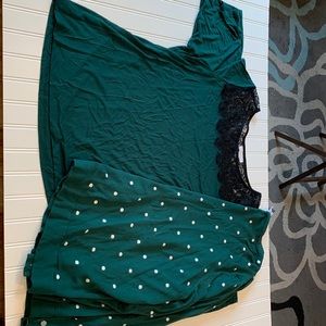 Sweater Set by Charter Club. Deep forest green top with polka dot cardigan set.